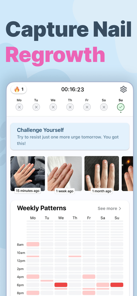 Unbite app interface showing nail regrowth progress photos and a weekly habit heatmap.