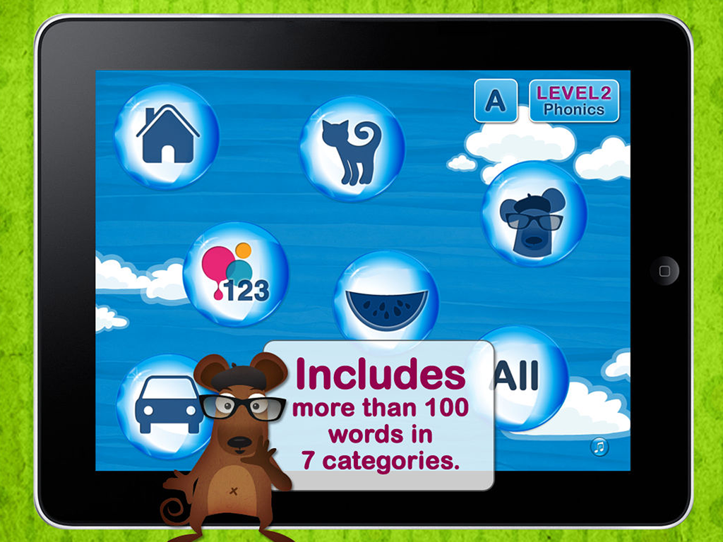 Word Wagon - Duck Duck Moose - Screenshot of Word Wagon app on iPad showing various word categories and phonics level 2