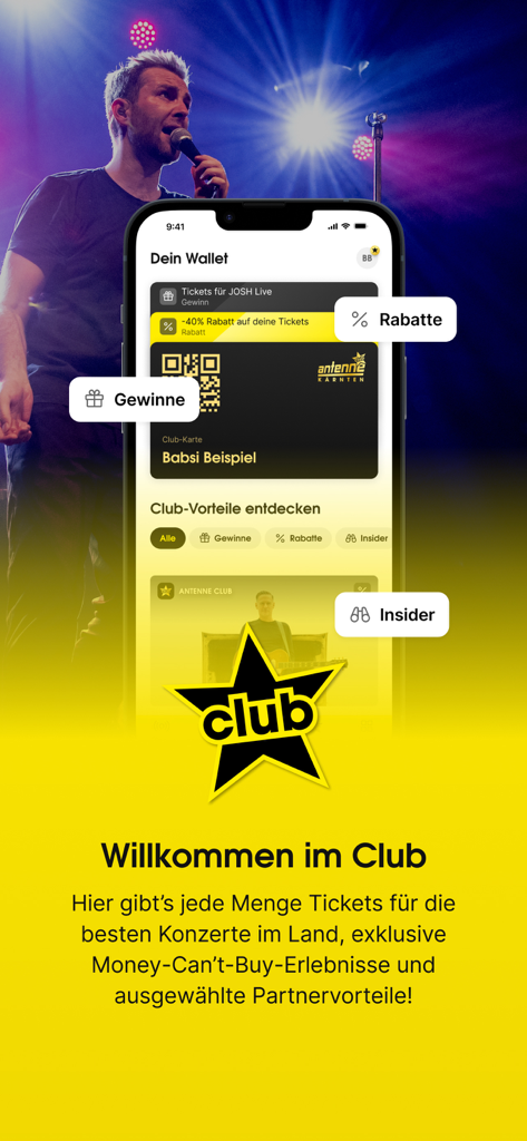 Ein Smartphone-Bildschirm, der die Antenne Kärnten Club-Wallet mit digitaler Karte für Prämien und Konzertkarten anzeigt