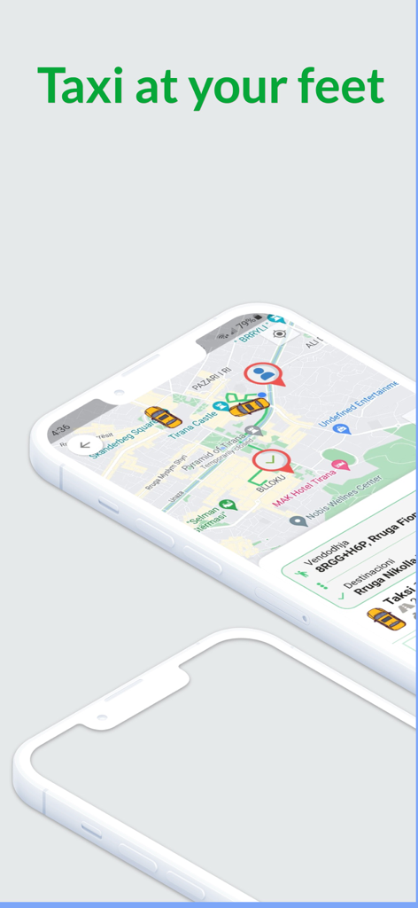 VrapOn Taxi app interface showing a real time map with taxis in Tirana