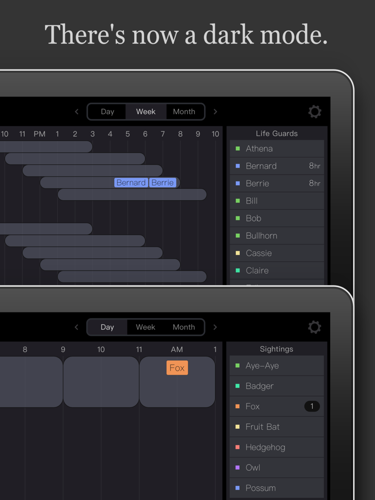 Shifty - Shifty scheduling app dark mode interface on iPad showing a visual drag and drop staff roster