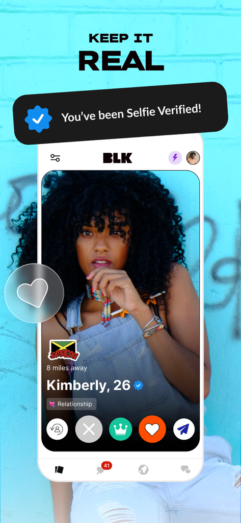 BLK: Black Singles Dating App - A screenshot of the BLK dating app showing a selfie verified profile of a Black woman named Kimberly with a heart icon.