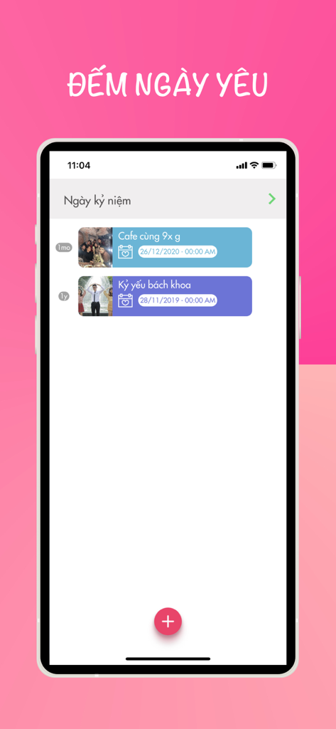 inlove - love counter - Una lista de fechas y recuerdos de aniversario de pareja dentro de la interfaz de la aplicación inlove