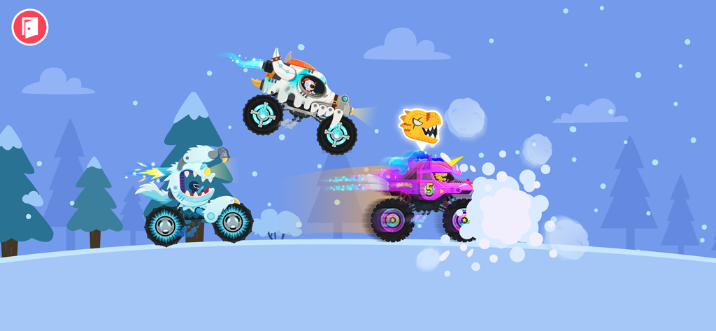 Trois monster trucks thématiques faisant la course à travers un paysage hivernal enneigé dans un jeu pour enfants