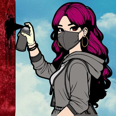 realistic girl with mask spray painting a wall