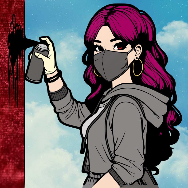 realistic girl with mask spray painting a wall