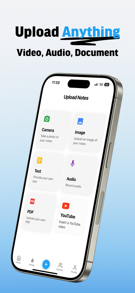 ScrollToStudy app screen showing upload options for notes including video audio and documents
