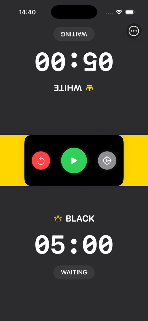 Chess Clock - Chess Timer 2026 - Digital chess clock interface with five minute timers for white and black players including play and reset buttons