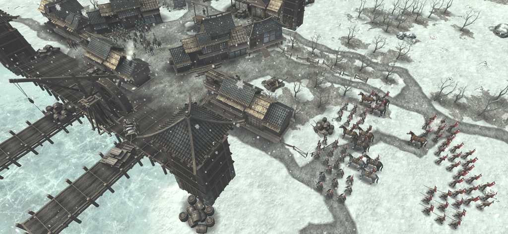 Shogun's Empire: Hex Commander - Top-down tactical gameplay of Shoguns Empire showing samurai units in a snowy Japanese village