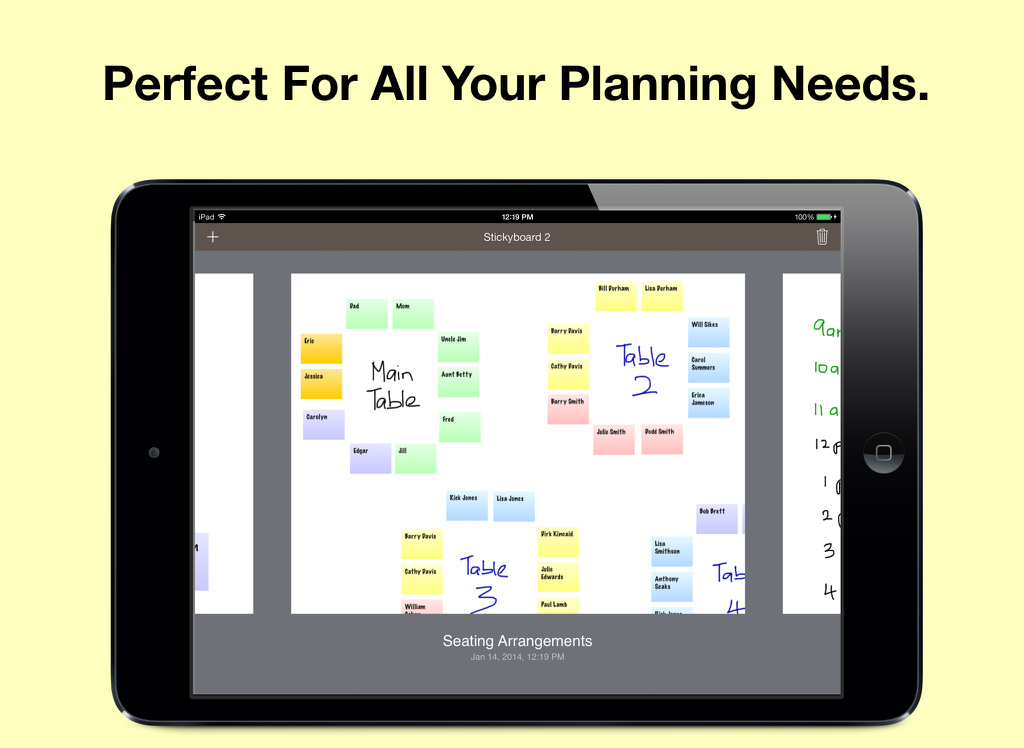 Stickyboard 2 - An iPad screen showing a seating chart planned with colorful digital sticky notes on a virtual whiteboard