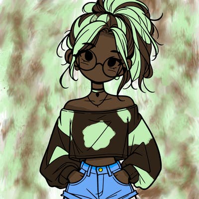 girl with a messy ponytail glasses a baggy crop top and jean shorts