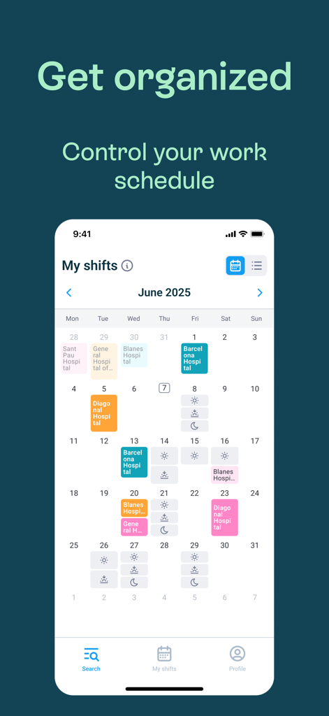 Interfaz de la app Livo que muestra un calendario de horarios de trabajo mensual para profesionales de la salud