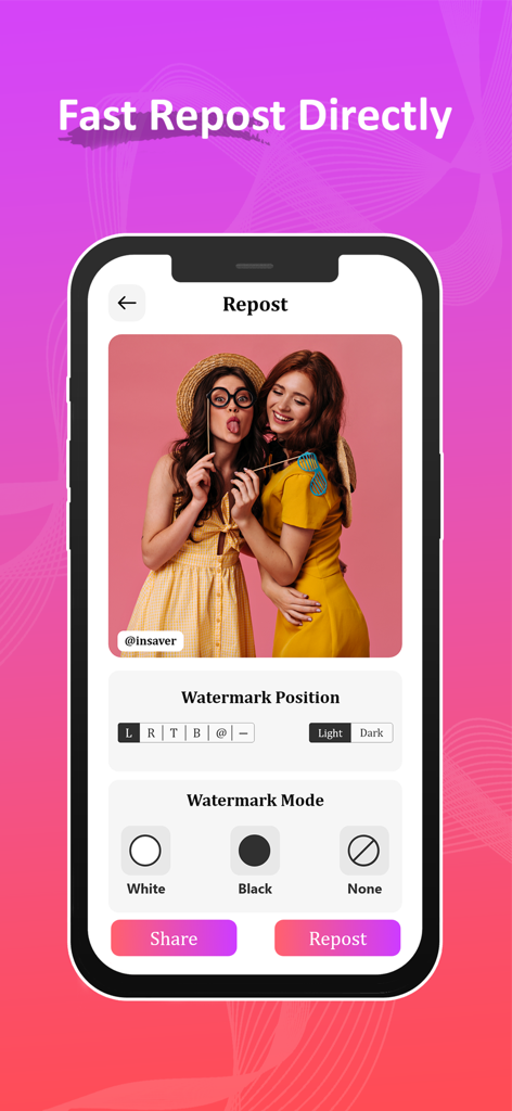 InstSaver - InstSaver app interface for customizing watermarks and reposting social media content