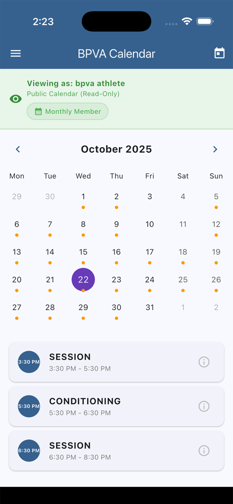 Mobile app interface of BPVA Calendar showing training sessions and conditioning schedule for October 2025