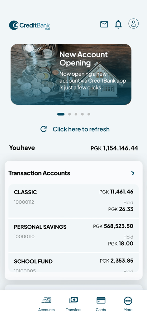 CBP - Interface de l'application bancaire mobile CBP affichant les comptes de transaction et les soldes