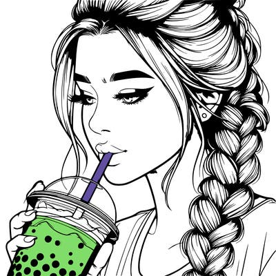 realistic girl drinking boba tea with braided hair