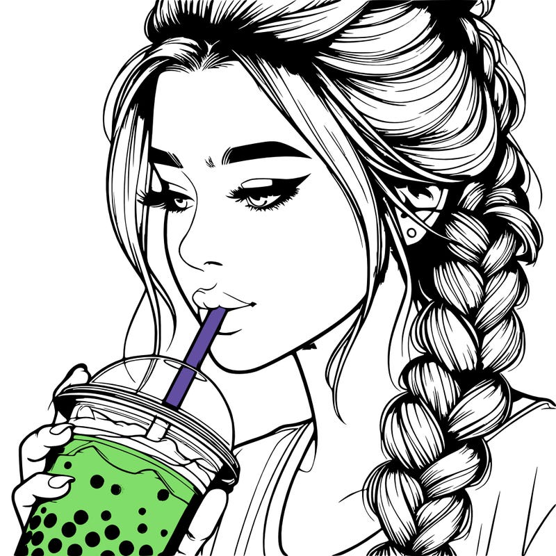 realistic girl drinking boba tea with braided hair