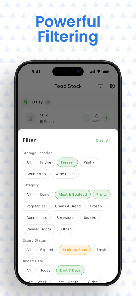 Food Stock Master app screen showing powerful filtering options for storage location category and expiry status