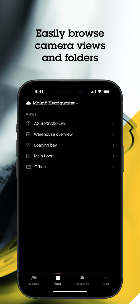 Interface smartphone de l'application AXIS Camera Station Pro affichant une liste de vues de caméras de surveillance pour un siège social