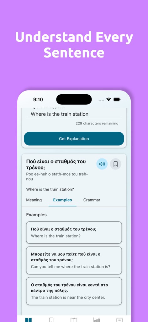 Fluency Drop - Learn Languages - Language learning app interface showing Greek sentence translation and grammar examples