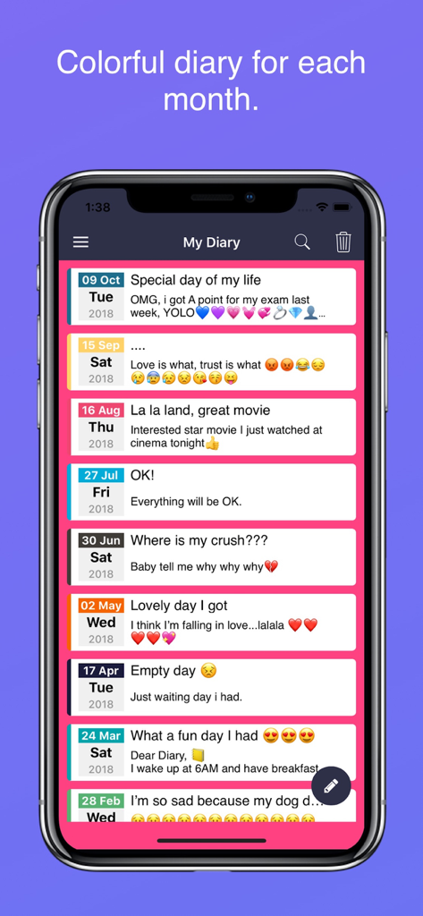 Diary with lock - A screenshot of the Diary with lock app showing a colorful list of personal journal entries with dates and emojis.