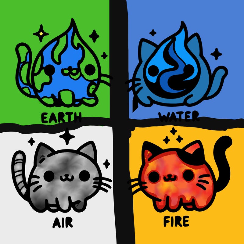 4 cats that represent the different elements, earth, water, air, and fire