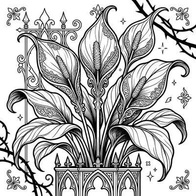 Delve into the mysterious beauty of this Gothic Peace Lily coloring page. Intricate details and a melancholic elegance invite you to explore your creative depths.