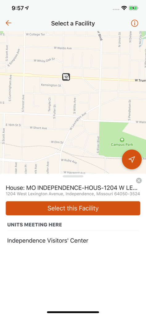 Facility Issue Reporting - Select a facility screen in the Facility Issue Reporting app showing a map and address for a church building