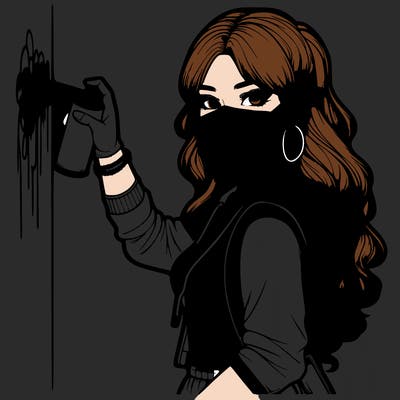 realistic girl with mask spray painting a wall