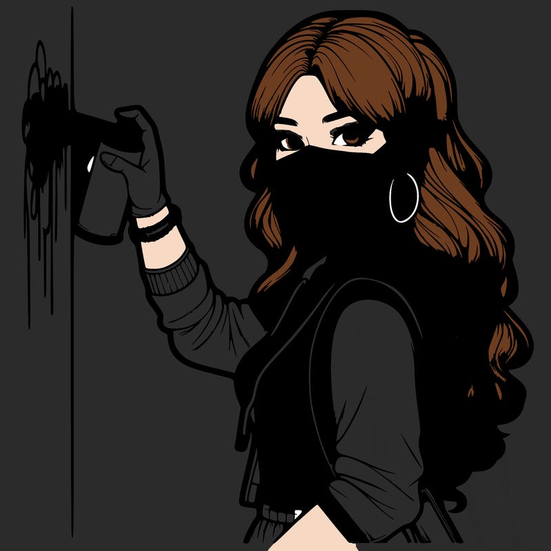 realistic girl with mask spray painting a wall