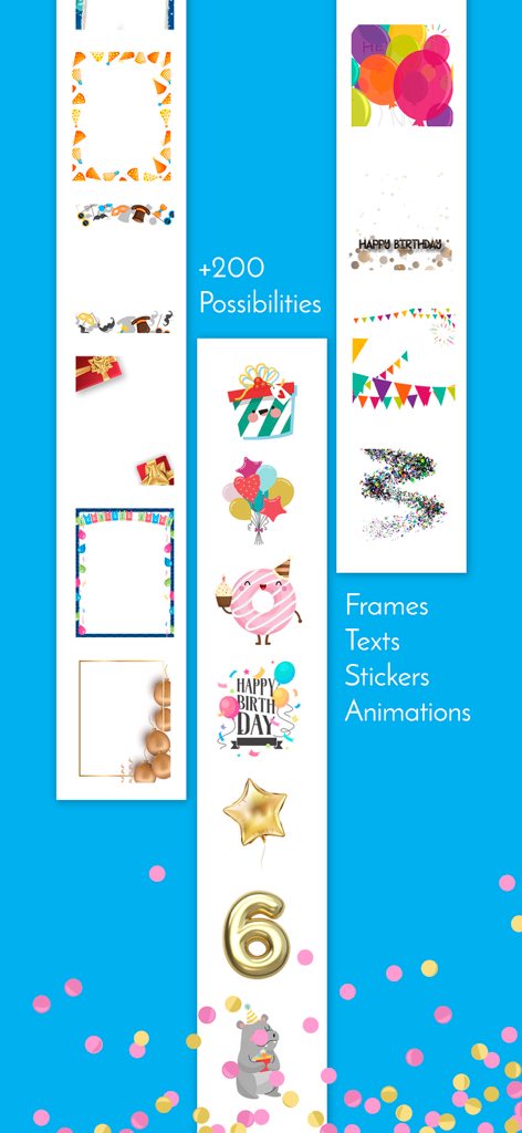 Happy Birthday - Video Maker - Una variedad de marcos, pegatinas y animaciones temáticas de cumpleaños disponibles en la aplicación.