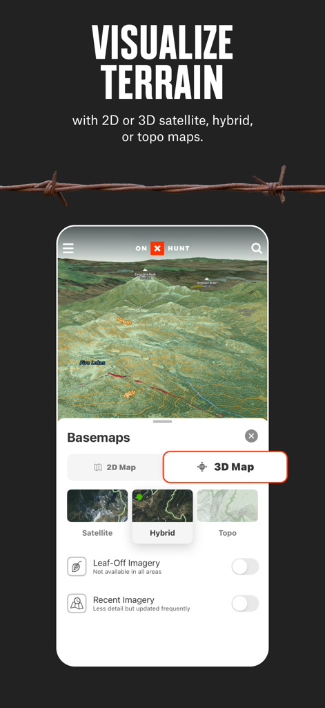 onX Hunt app interface displaying 3D terrain visualization and hybrid basemap options