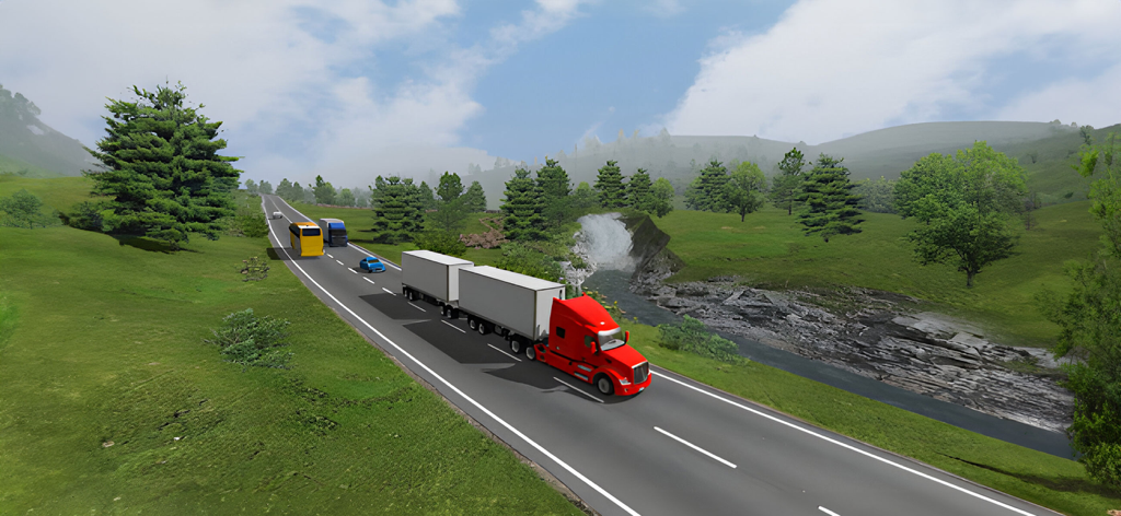 Camión de carga rojo con remolques conduciendo por una escénica carretera de montaña cerca de un río