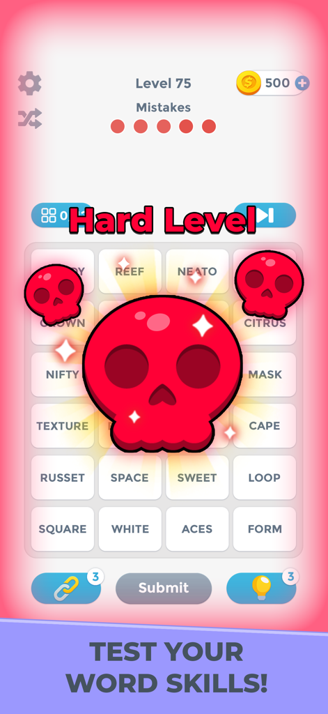 Connections Word Game - Gameplay des Connections Wortspiels, das eine harte Level-Herausforderung mit einem Totenkopf-Symbol zeigt