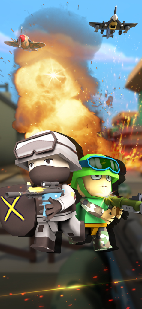 Soldados caricatos em um campo de batalha com uma grande explosão e aviões ao fundo