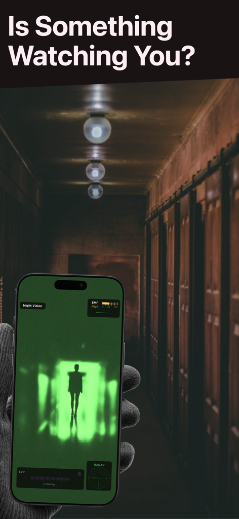 Ghost Detector Real Life Radar - A smartphone showing a ghost detector app with night vision and a ghostly silhouette in a dark hallway