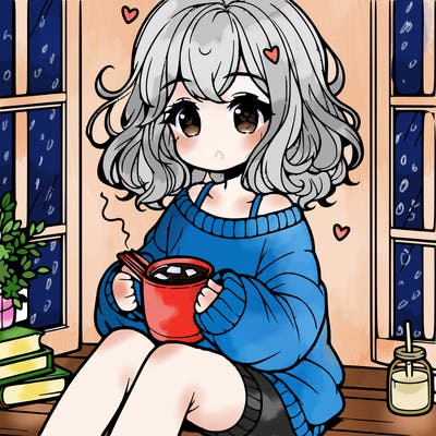 cute anime girl reading book and drinking hot chocolate from mug with loose wavy hair wearing a baggy sweatshirt and shorts sitting by windowsill looking out