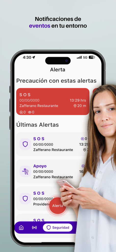 WiseCity - Bildschirm eines Mobiltelefons, das WiseCity App-Sicherheitsbenachrichtigungen und SOS-Warnungen anzeigt, mit einer Frau, die im Vordergrund ein Smartphone hält