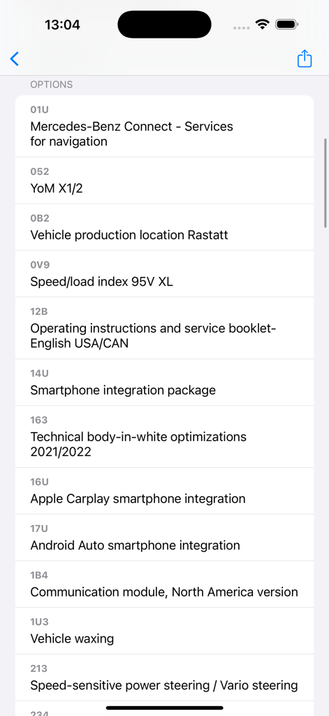 A detailed list of decoded Mercedes-Benz factory equipment and technical specifications shown in the app interface.