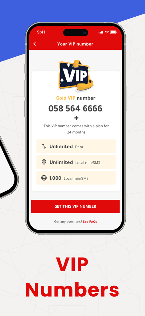 Schermata dell'app Virgin Mobile UAE che mostra la selezione di un numero VIP Gold con piano dati illimitato