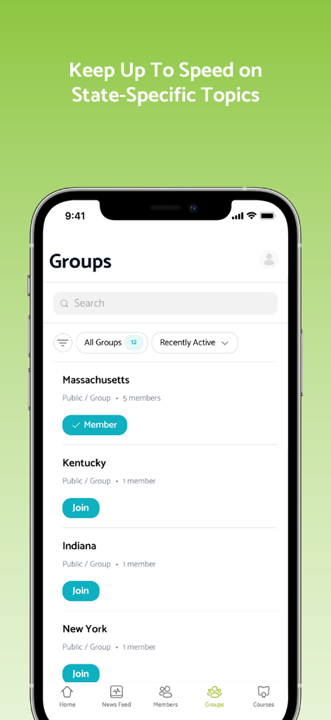 Real Estate Investor Connect app screen showing a list of state-specific investment groups including New York and Kentucky