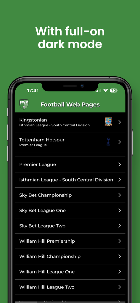 Football Web Pages v2 - Football Web Pages mobile app interface showing English football leagues and teams in dark mode