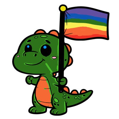 a cute cartoon dinosaur holding up a blank flag
