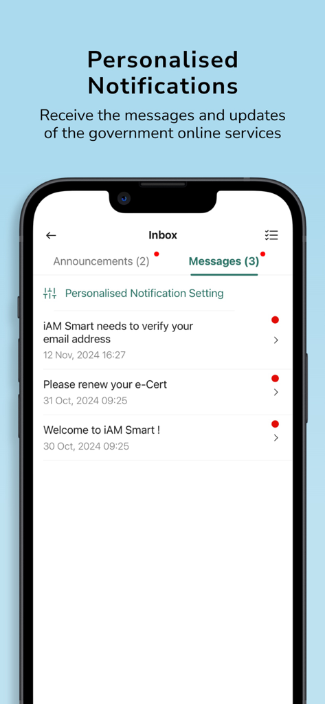 智方便 iAM Smart - L'interface de la boîte de réception de l'application iAM Smart affichant des notifications et des messages gouvernementaux personnalisés.