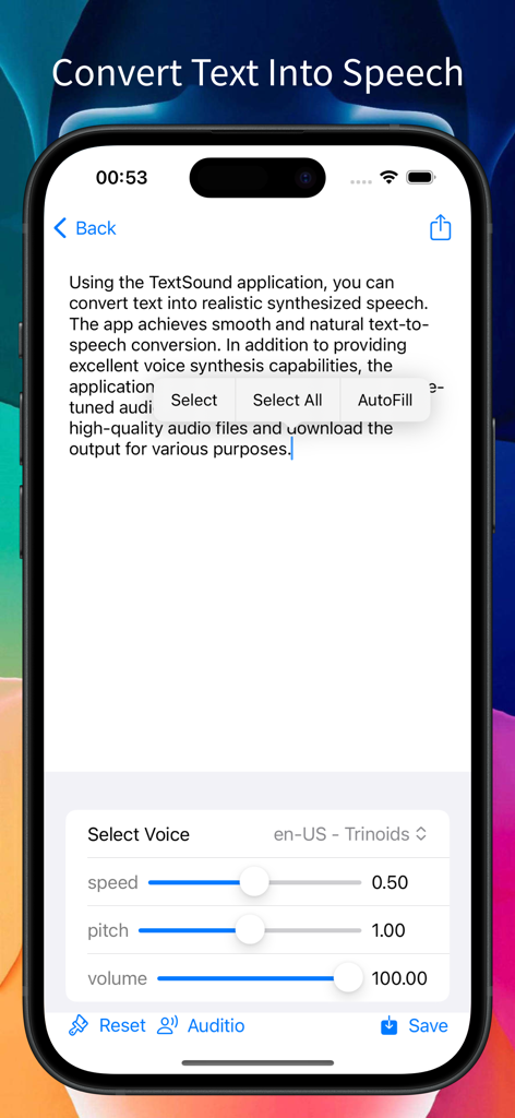 TextSound Saver - TextSound Saver app screen showing text input area and sliders for adjusting voice speed pitch and volume for AI speech conversion