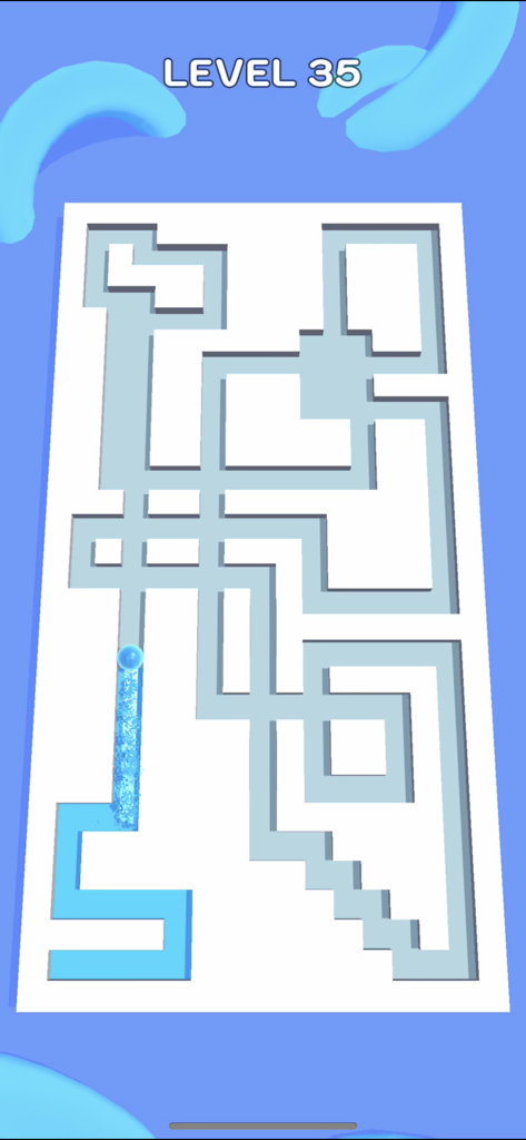Blue paintball rolling through a white maze and painting corridors in Roller Splat level 35