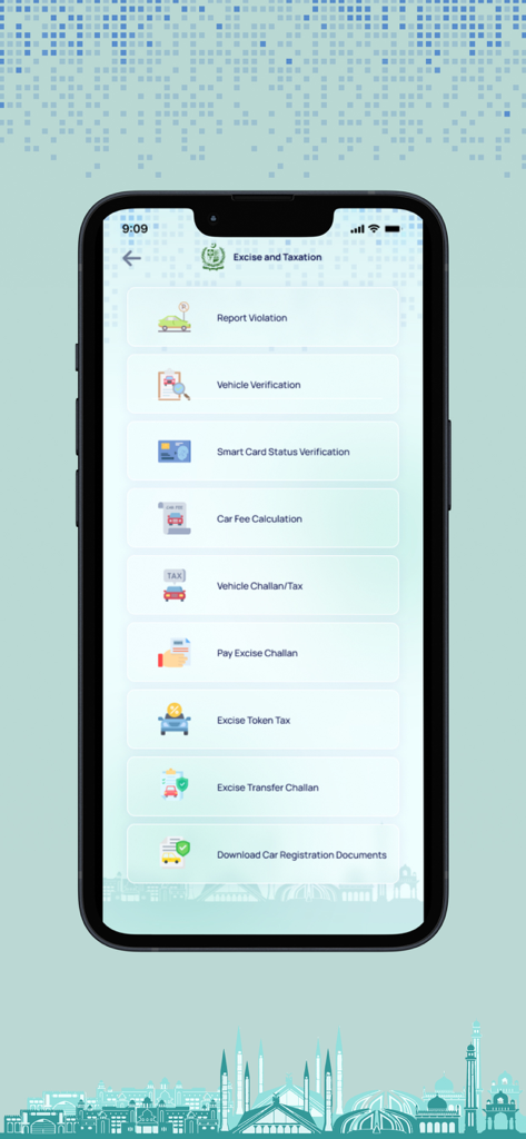 PAK App - Interface do aplicativo PAK mostrando o menu de Impostos e Taxas com opções para verificação de veículos e pagamentos de impostos