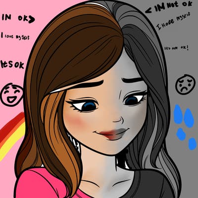 a realistic teenage girl with a small smile looking down