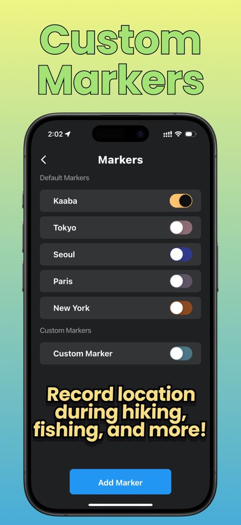 Compass One: Altimeter & GPS - Compass One app screen showing a list of custom and default location markers like Kaaba and New York for outdoor navigation
