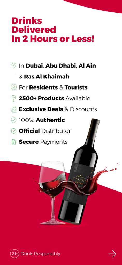 African and Eastern UAE liquor delivery app screen showing two hour delivery service for residents and tourists